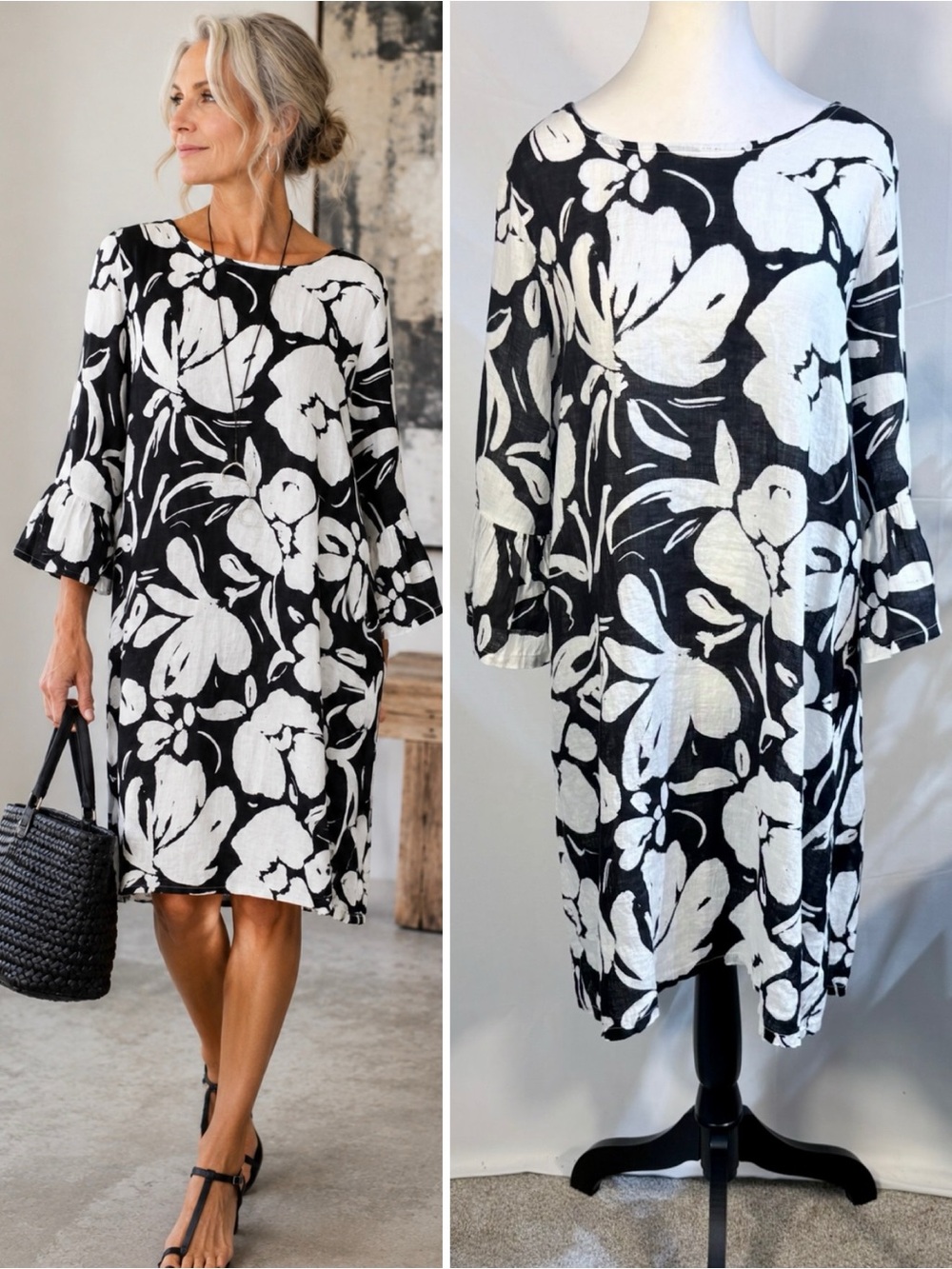 BRYN WALKER Black White Floral Linen Shift Dress Ruffle Sleeves USA Sz XS👽🧡